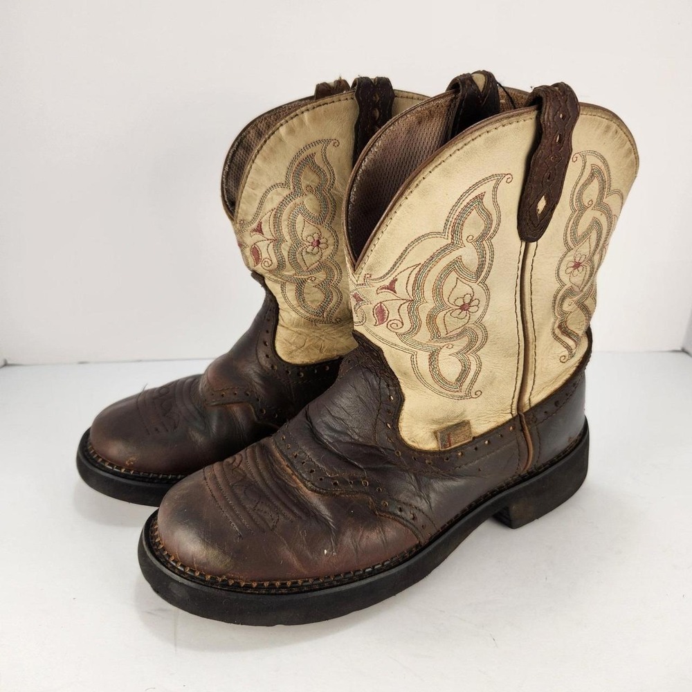 Justin Gypsy Women's 8.5B Brown Cream Leather Western Cowboy Boots Embroidered